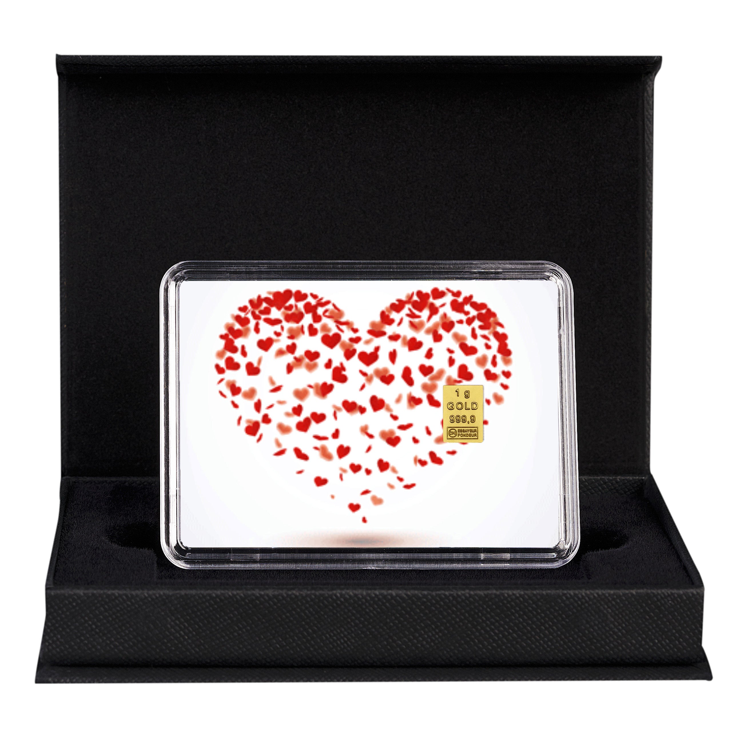 Goldbarren mit Flip-Motivbox "Love is in the air" in schwarzer Geschenkbox