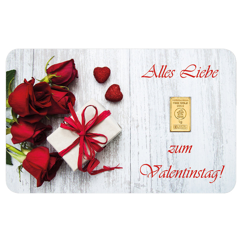 Goldbarren 1g auf hochwertiger Motivkarte "Alles Liebe zum Valentinstag"