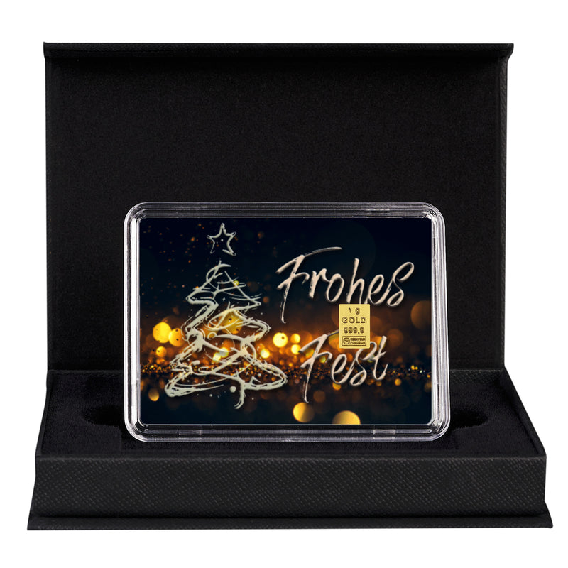 Goldbarren mit Flip-Motivbox Weihnachten "Frohes Fest" in schwarzer Geschenkbox