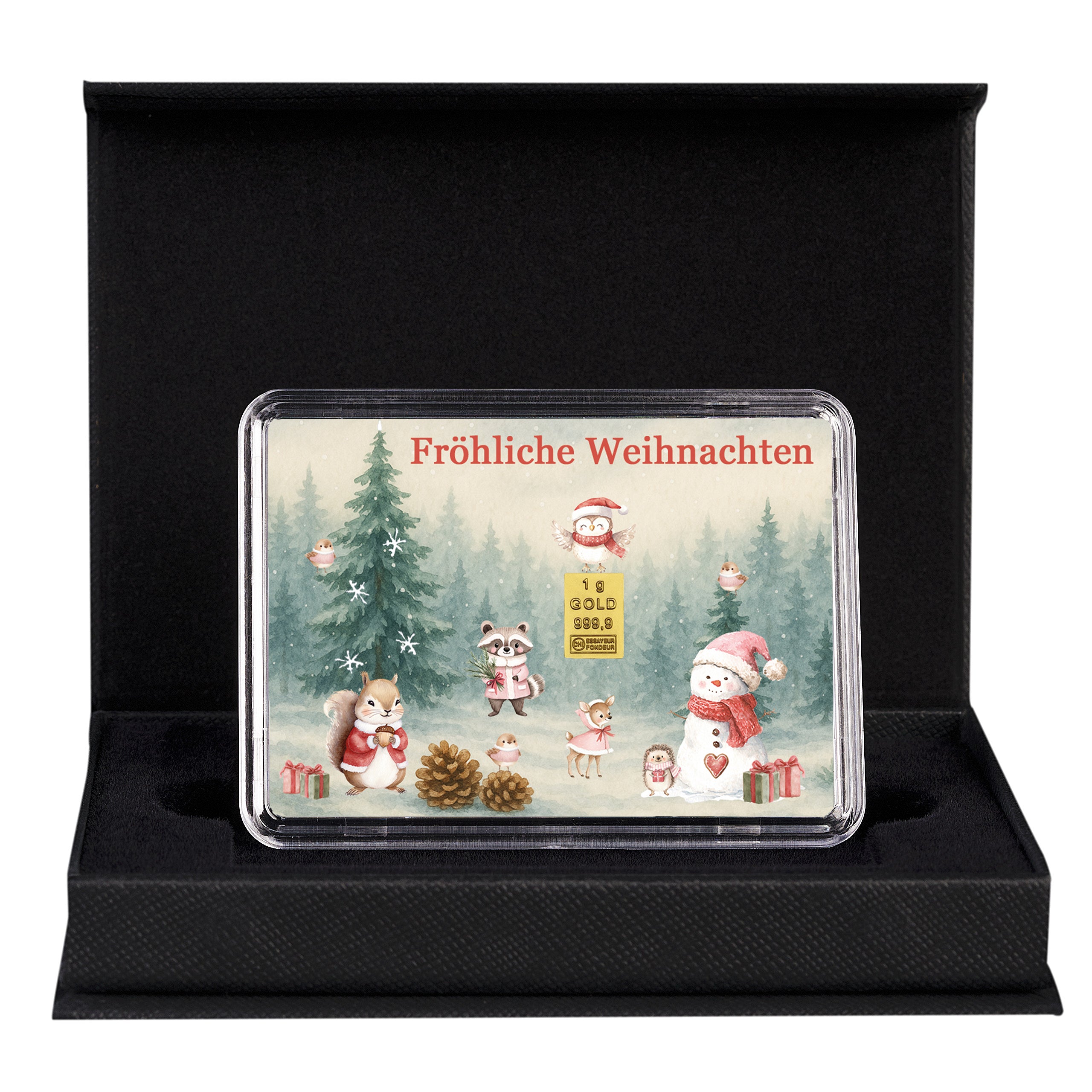 Motivbox „Fröhliche Weihnachten“ mit 1 g Goldbarren – edles Weihnachtsgeschenk in Geschenkbox