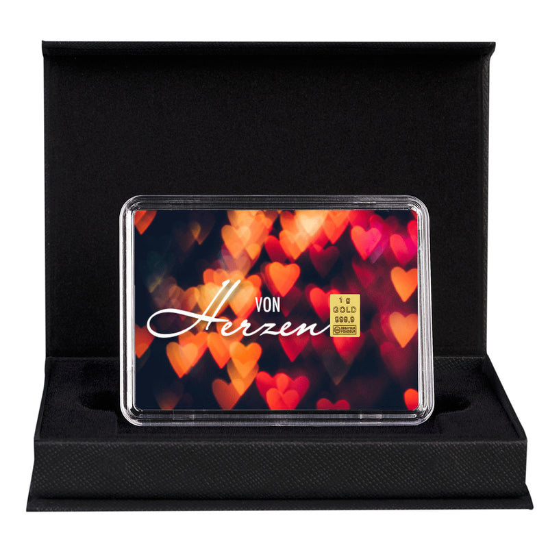 Goldbarren mit Flip-Motivbox "In Liebe von Herzen" in schwarzer Geschenkbox