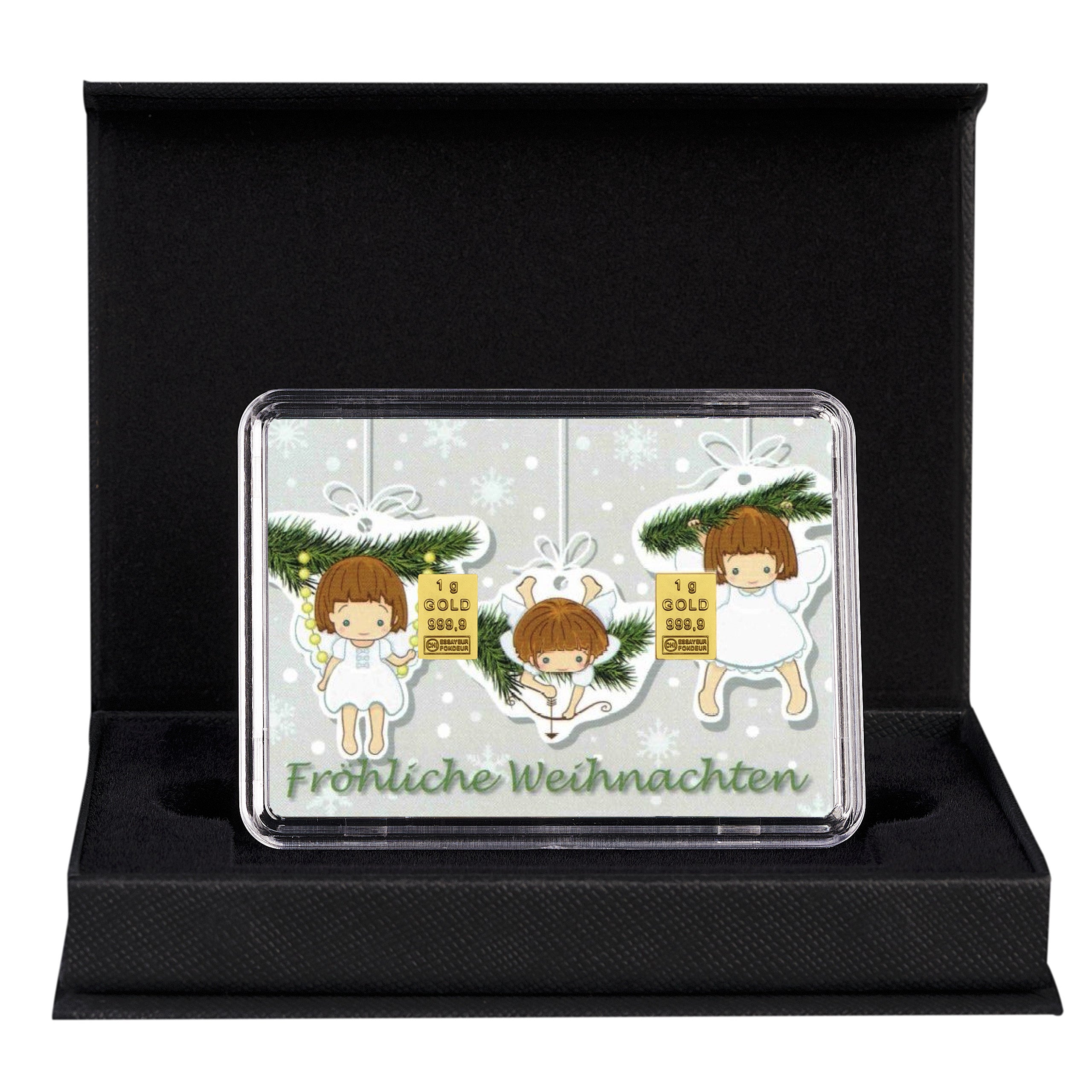 2g Goldbarren „Fröhliche Weihnachten“ Engel in schwarzer Geschenkbox – festliches Goldgeschenk mit Grußkarte.