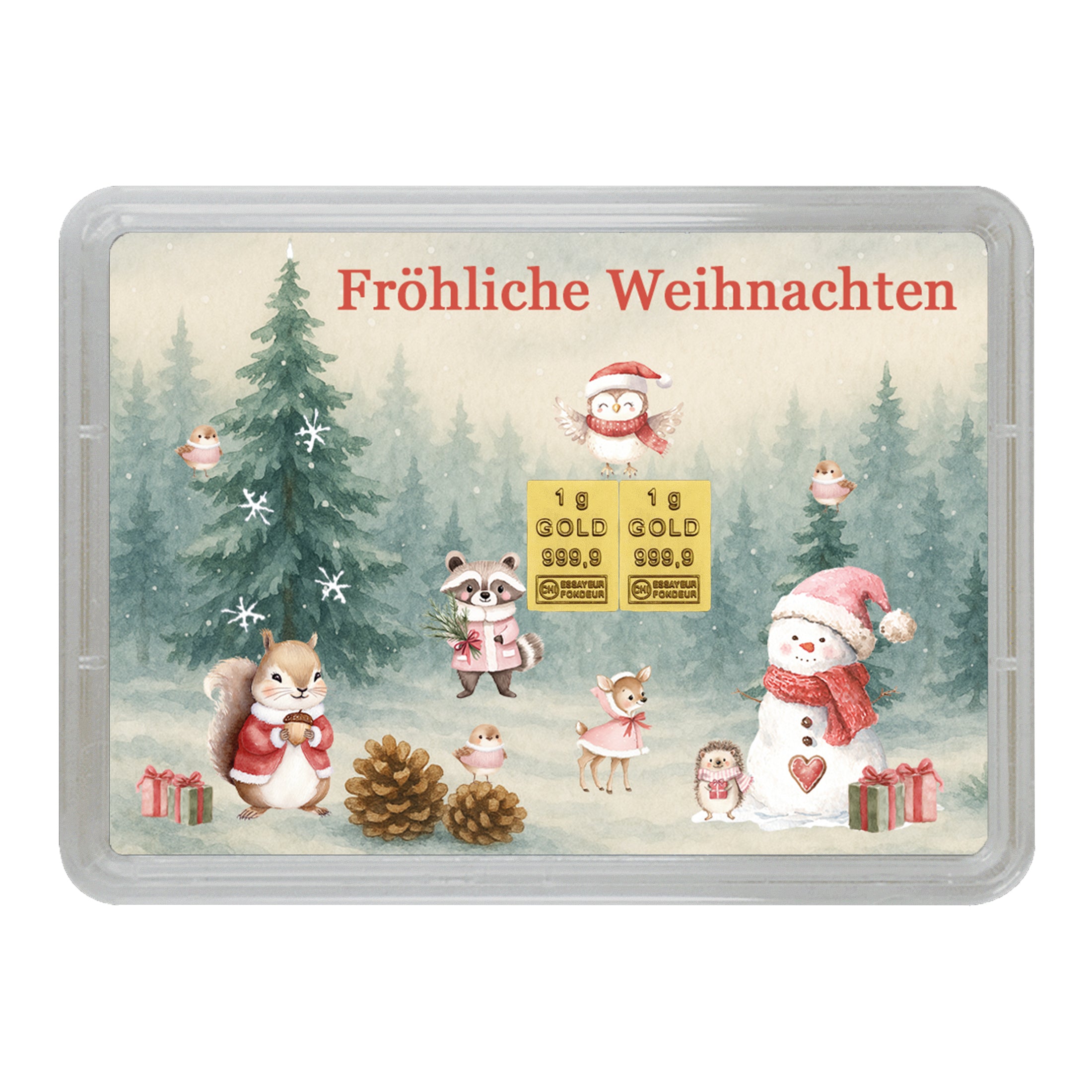 Goldgeschenk Weihnachten – Motivbox ‚Fröhliche Weihnachten‘ mit 2 g Feingoldbarren im goldenen Geschenkbeutel
