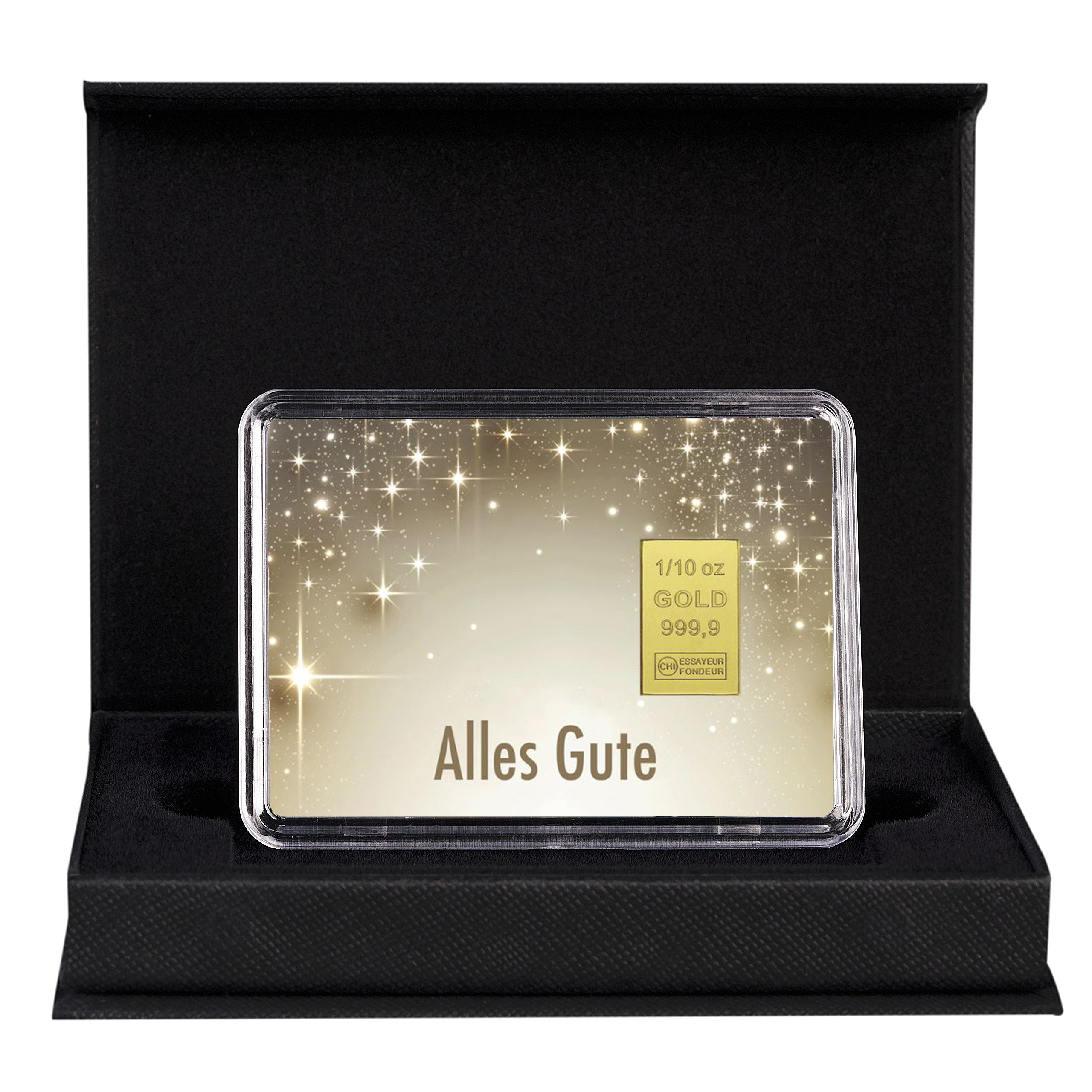 Elegante schwarze Geschenkbox mit einem 1/10 Unze Goldbarren im Etui und dem Schriftzug „Alles Gute“ vor funkelndem Sternenhintergrund.
