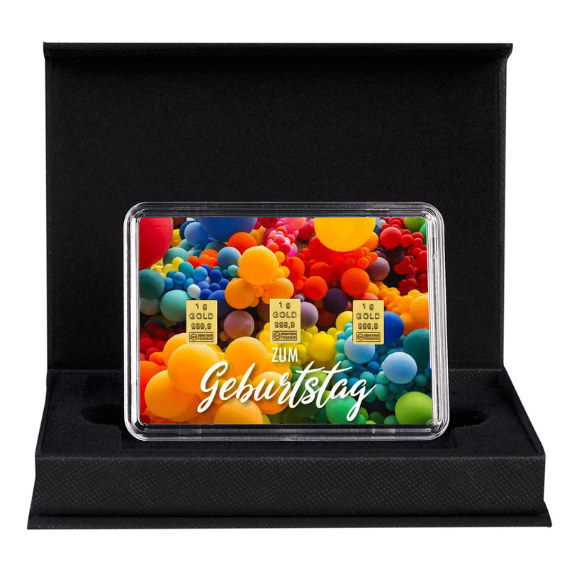 Goldbarren mit Flip-Motivbox "Happy Birthday zum Geburtstag" in schwarzer Geschenkbox
