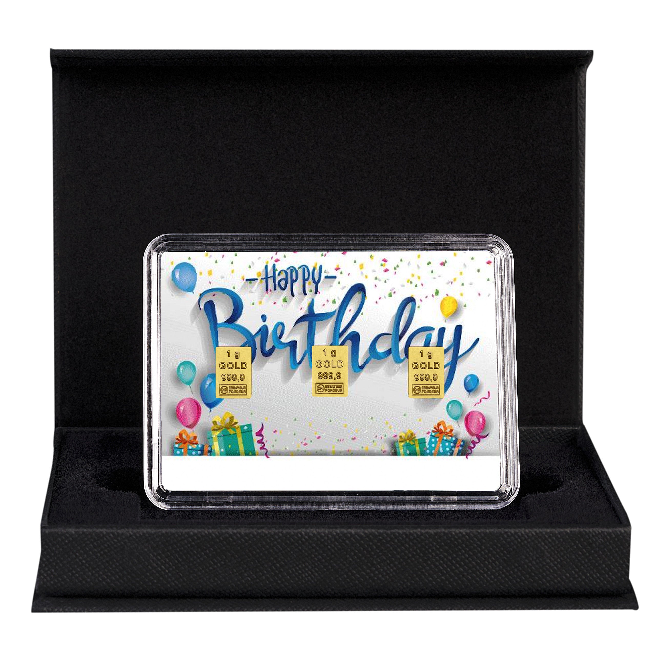 Goldbarren mit Flip-Motivbox "Happy Birthday zum Geburtstag" in schwarzer Geschenkbox