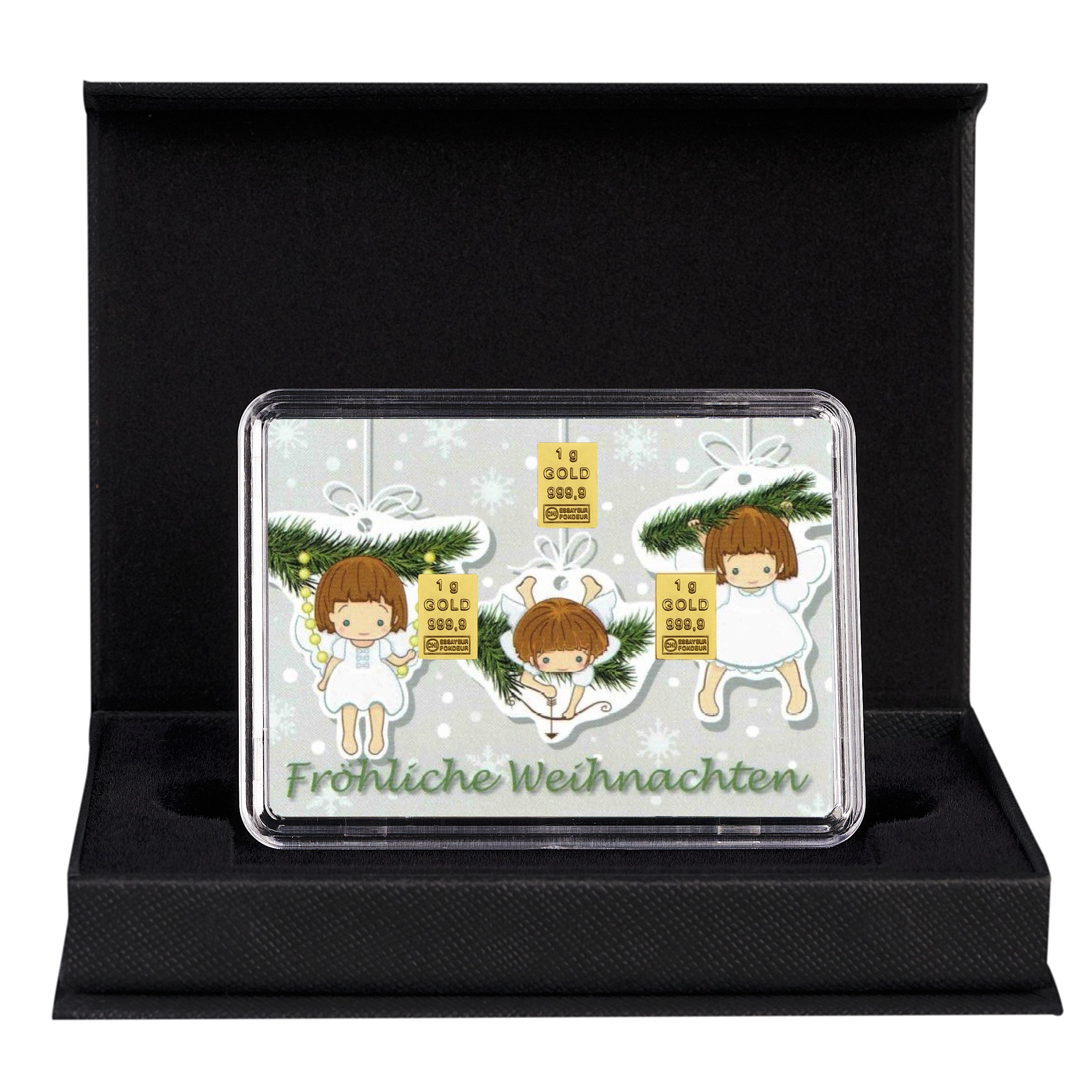 3g Goldbarren „Fröhliche Weihnachten“ Engel in Geschenkbox – exklusives Weihnachtsgeschenk mit echtem Feingold.