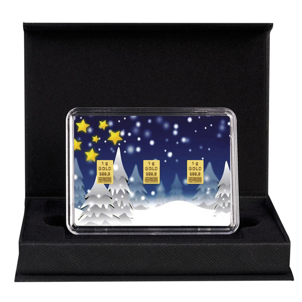 Goldbarren mit Flip-Motivbox "Rentiere" Weihnachten in schwarzer Geschenkbox