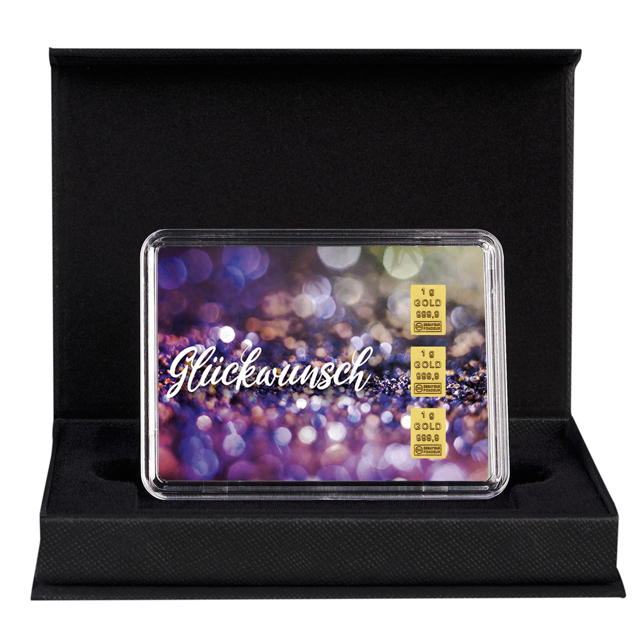 Exklusives Geschenk mit 3x1g Goldbarren – Motiv „Glückwunsch“ auf violettem Glitzerhintergrund in Geschenkbox