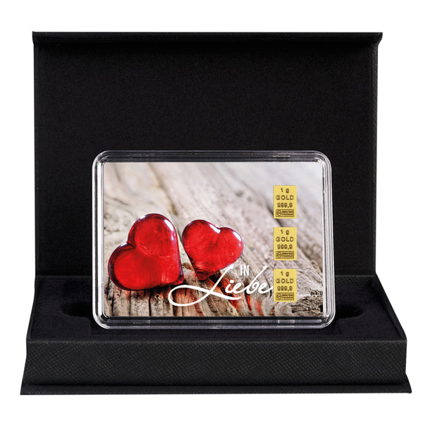 Goldbarren mit Flip-Motivbox "In Liebe von Herzen" in schwarzer Geschenkbox