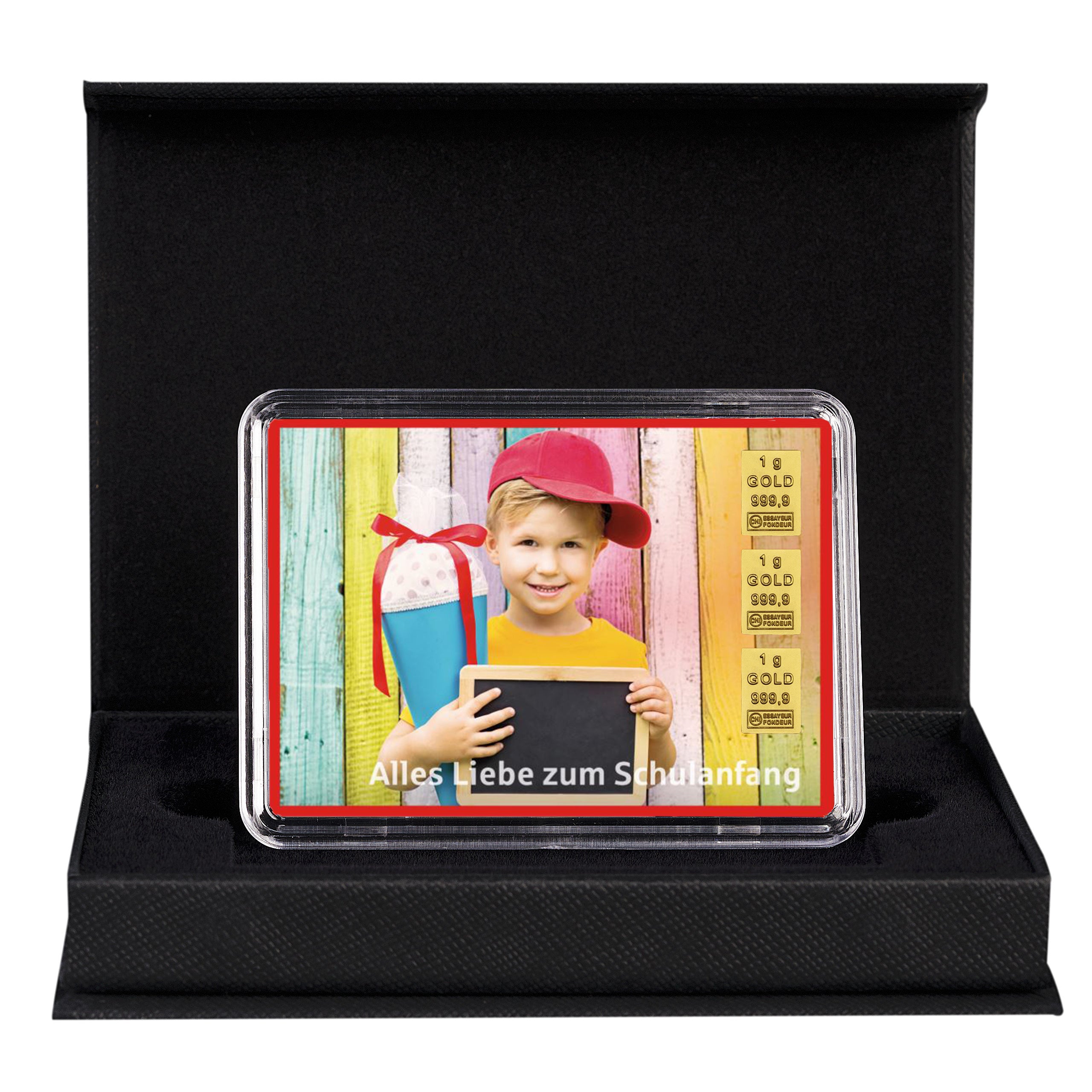 Exklusives Einschulungsgeschenk – 3g Goldbarren mit Motiv Junge und Schultüte in schwarzer Präsentbox