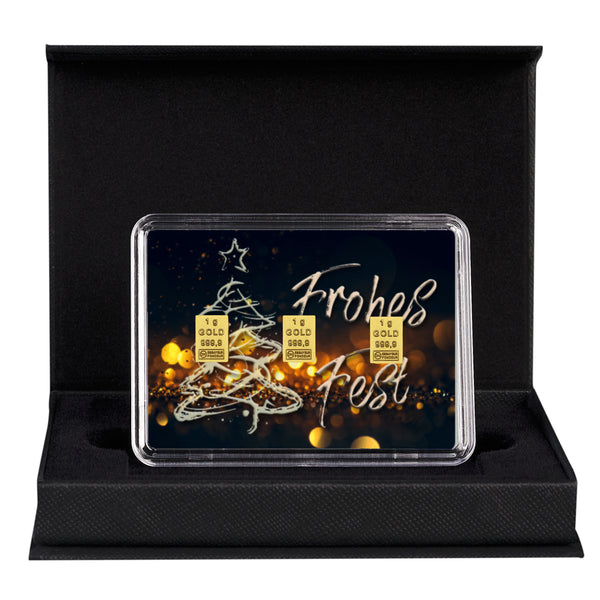 Goldbarren mit Flip-Motivbox Weihnachten "Frohes Fest" in schwarzer Geschenkbox