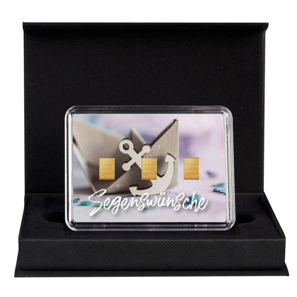 Goldbarren mit Flip-Motivbox "Segenswünsche zur Taufe" in schwarzer Geschenkbox