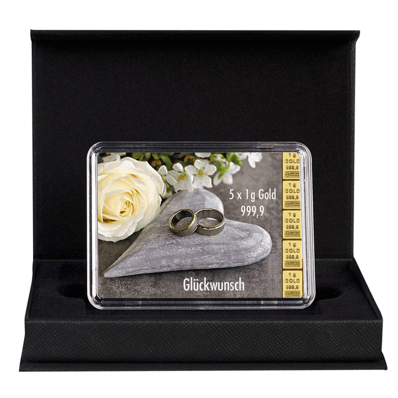 Goldbarren mit Flip-Motivbox "Herzlichen Glückwunsch zur Hochzeit" in schwarzer Geschenkbox