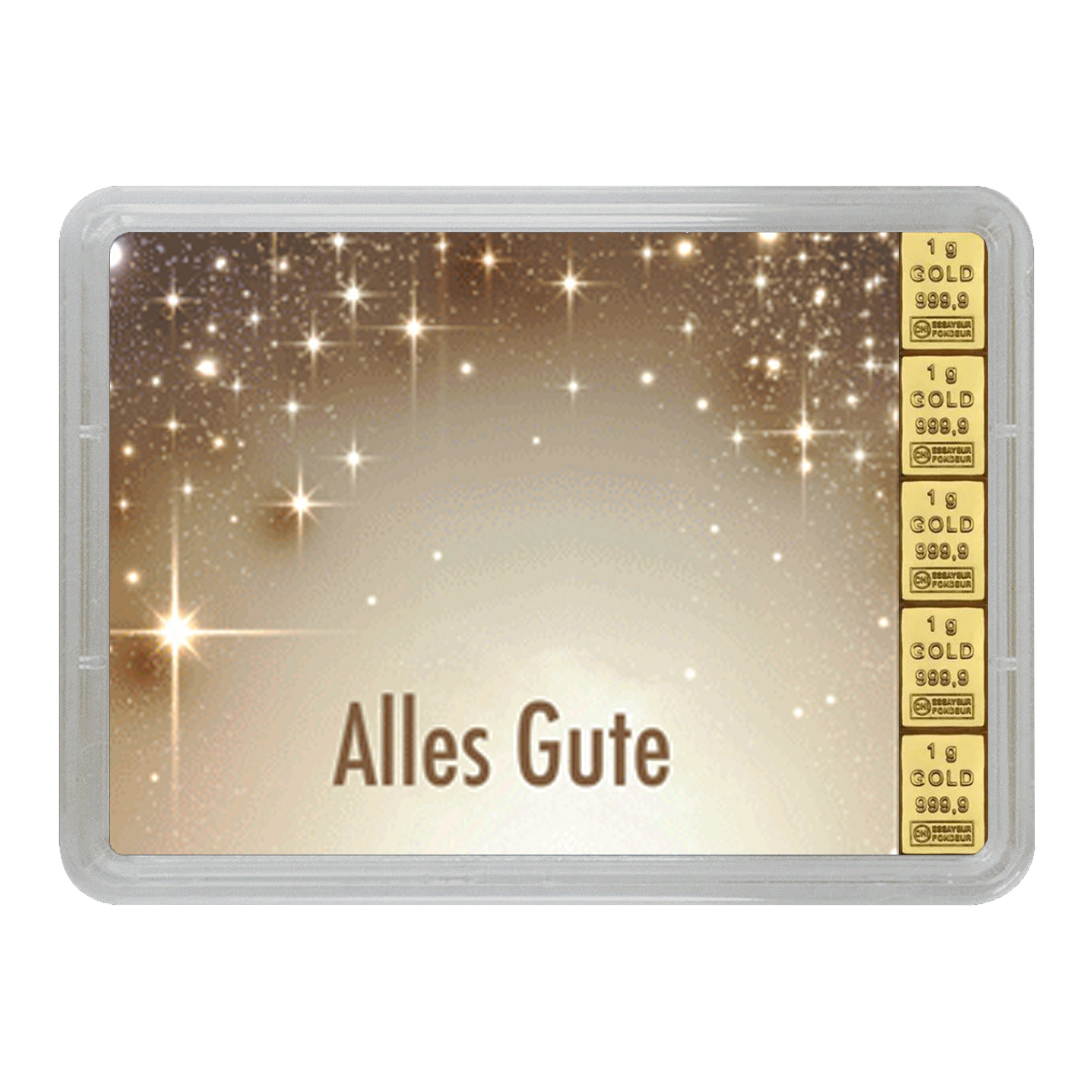 Goldenes Geschenk mit Botschaft „Alles Gute“ – ein funkelnder, festlicher Hintergrund mit Sternenmotiv, kombiniert mit fünf 1g Goldbarren (999,9 Feingold) auf der rechten Seite, hochwertig verpackt in einer transparenten Box. Ideal als edles Präsent für besondere Anlässe.