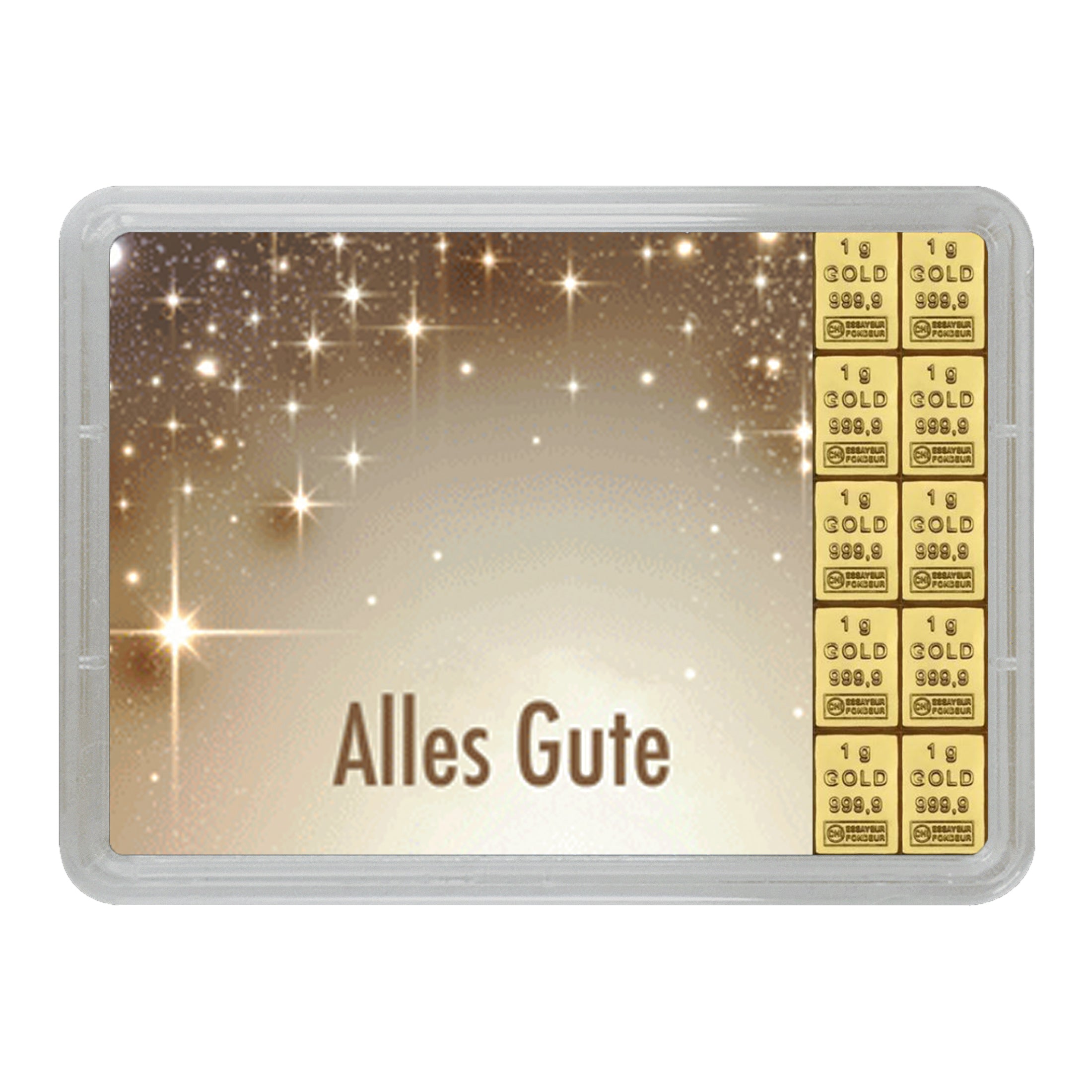 Goldgeschenk mit der Aufschrift „Alles Gute“ auf funkelndem Hintergrund in Goldtönen. Rechts im Bild sind zehn 1g Goldbarren (999,9 Feingold) in einer transparenten Box angeordnet – ein edles Präsent für viele Anlässe.