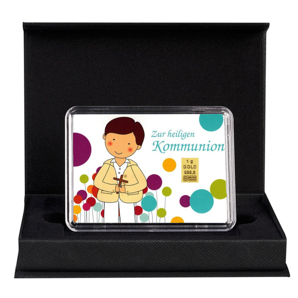 Goldbarren Motivbox "Zur heiligen Kommunion" Junge in schwarzer Geschenkbox