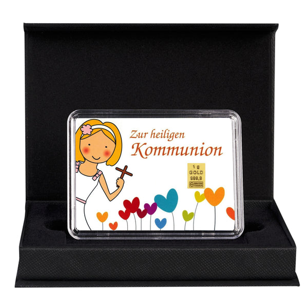 Goldbarren Motivbox "Zur heiligen Kommunion" Mädchen in schwarzer Geschenkbox