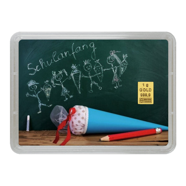Goldbarren 1g in Geschenk-Motivbox "Schulanfang" - Einschulung - Schultüte