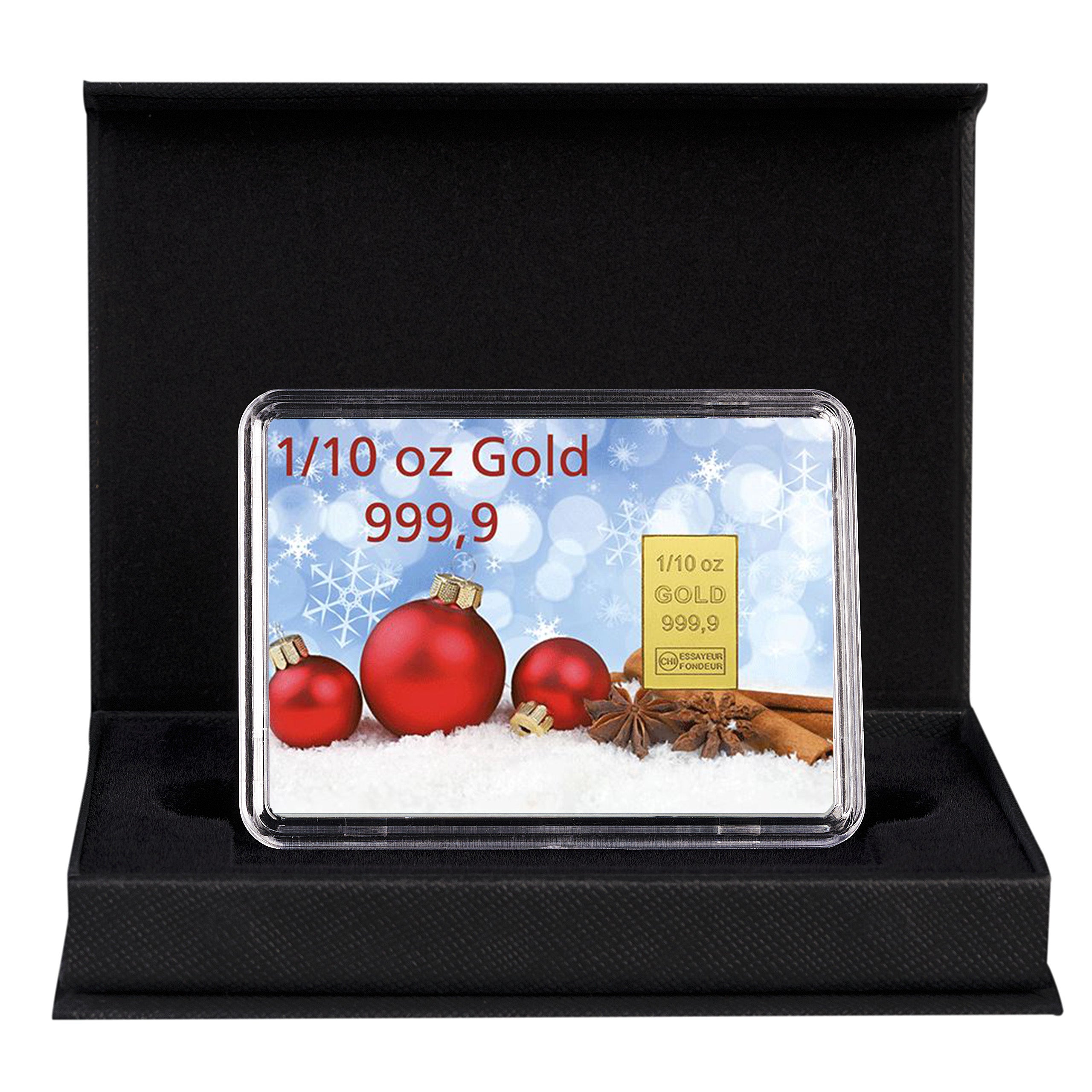 Goldbarren mit Flip-Motivbox Weihnachten "Frohes Fest" Weihnachtskugeln in schwarzer Geschenkbox inkl. Grußkarte mit Wunschtext