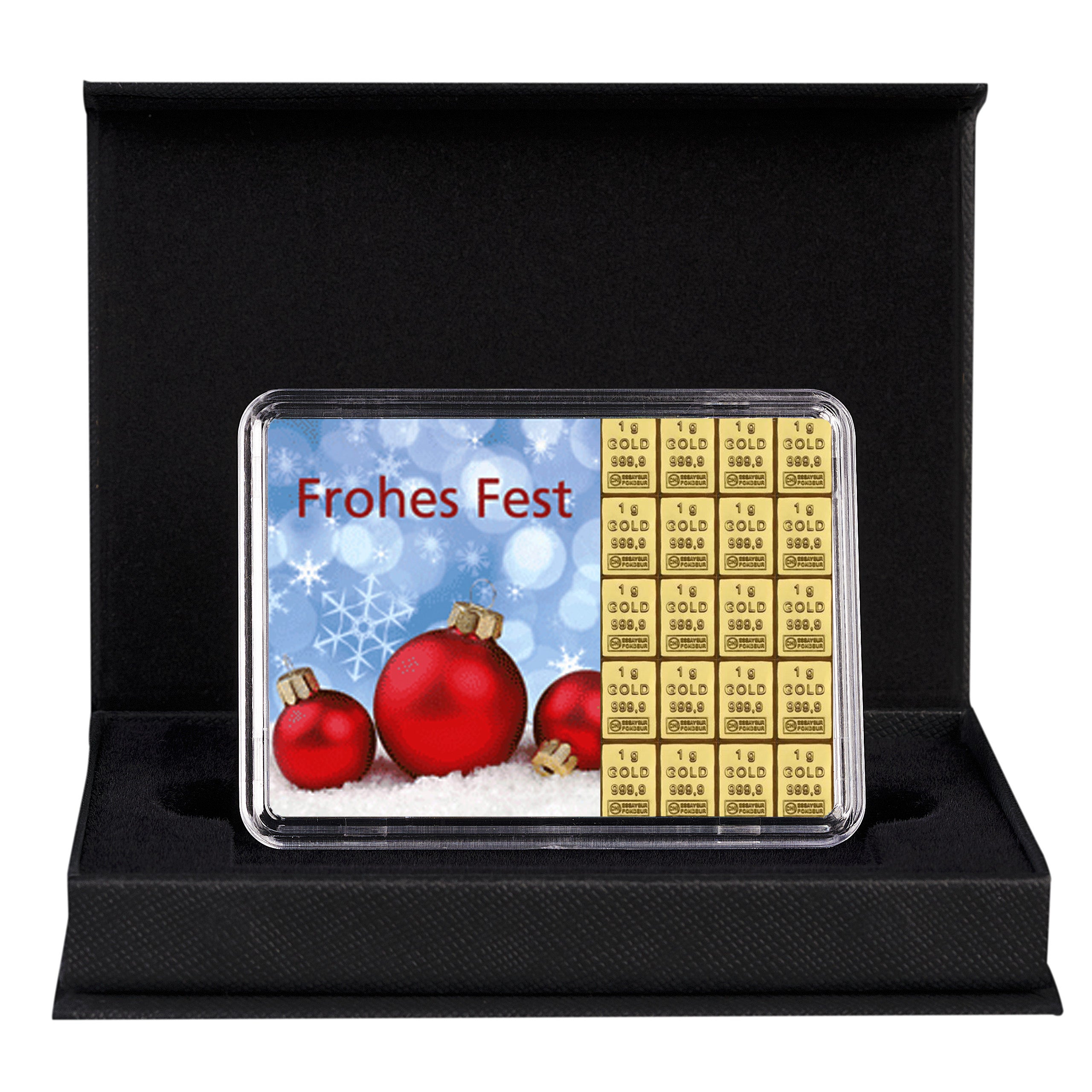 Goldbarren mit Flip-Motivbox Weihnachten "Frohes Fest" Weihnachtskugeln in schwarzer Geschenkbox inkl. Grußkarte mit Wunschtext