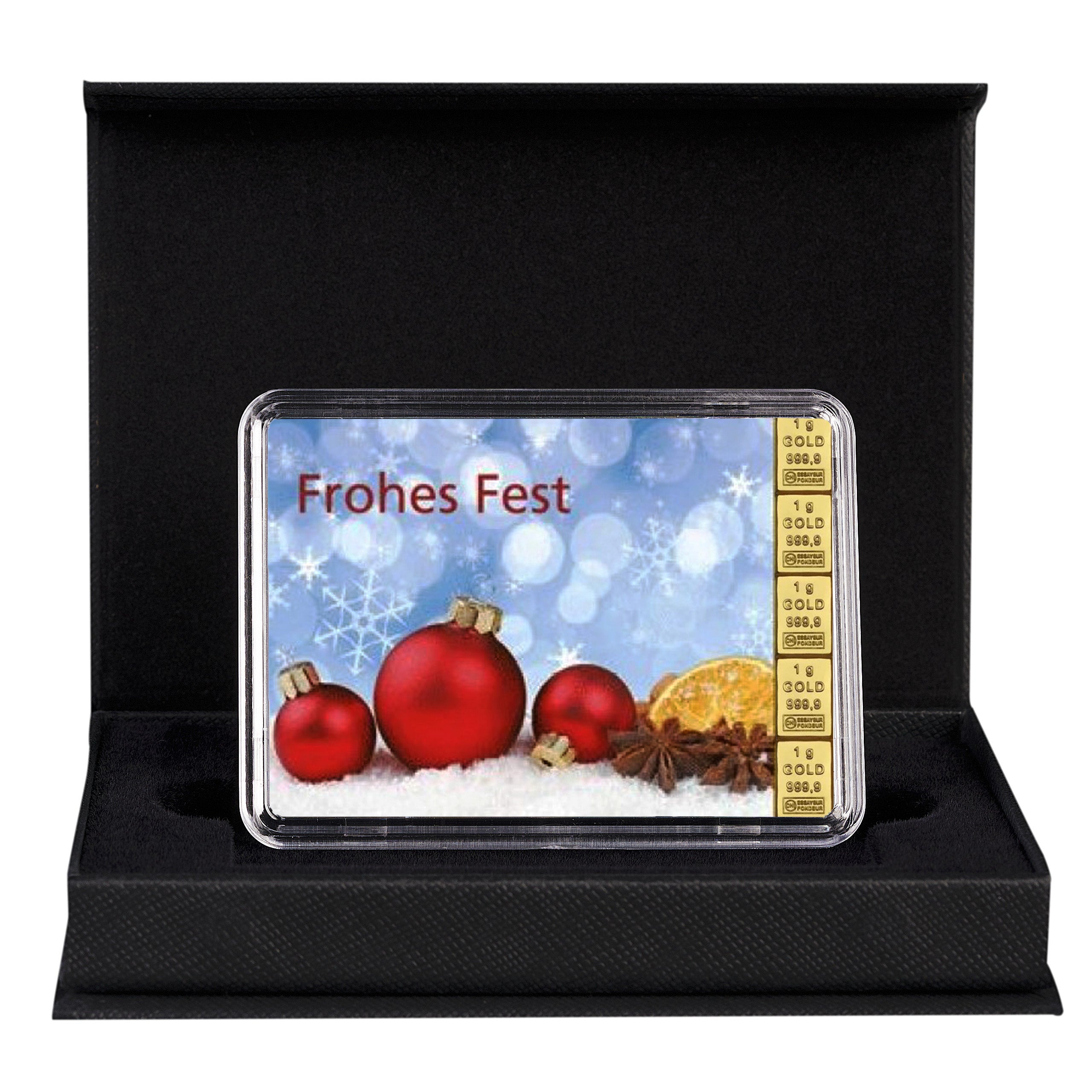 Goldbarren mit Flip-Motivbox Weihnachten "Frohes Fest" Weihnachtskugeln in schwarzer Geschenkbox inkl. Grußkarte mit Wunschtext