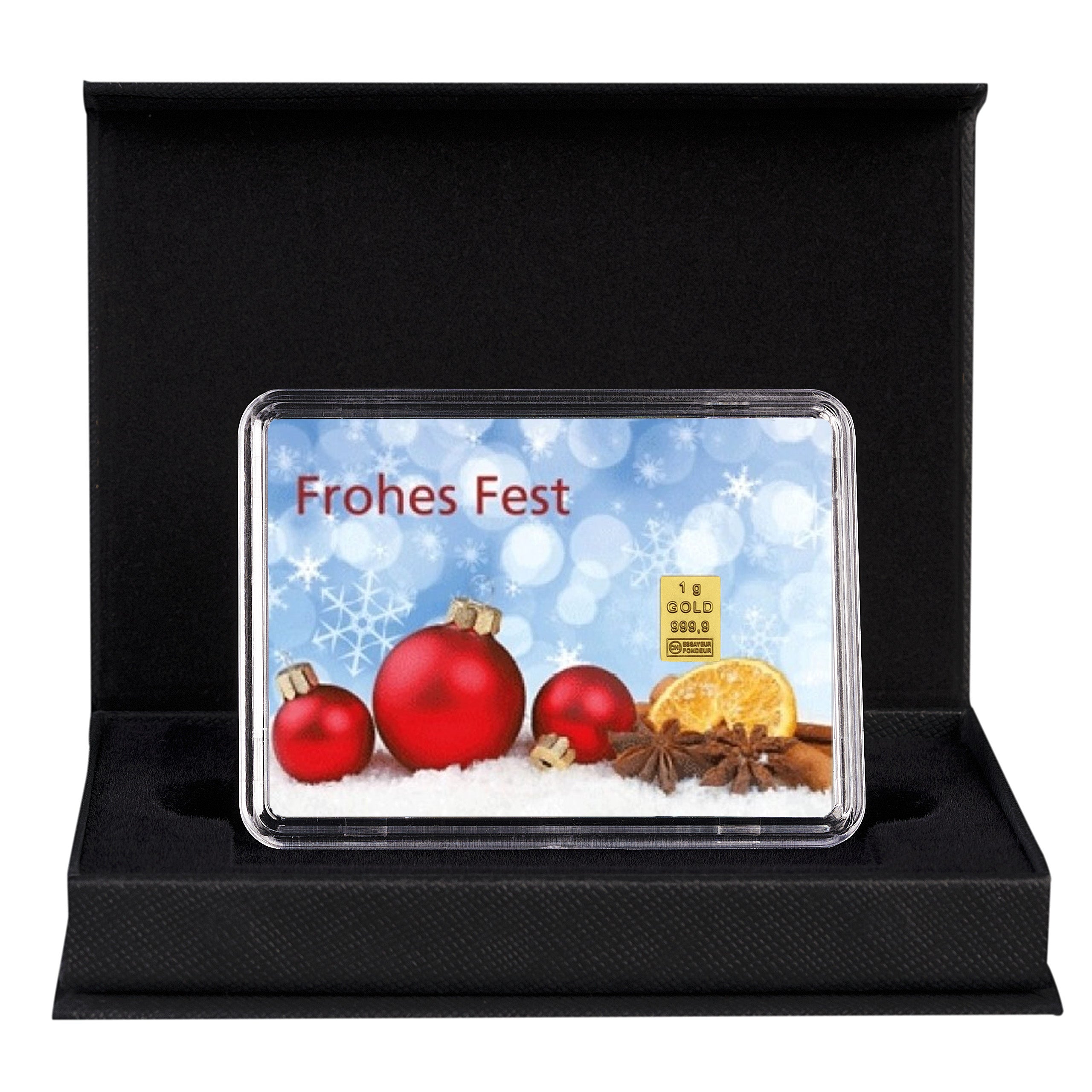 Goldbarren mit Flip-Motivbox Weihnachten "Frohes Fest" Weihnachtskugeln in schwarzer Geschenkbox