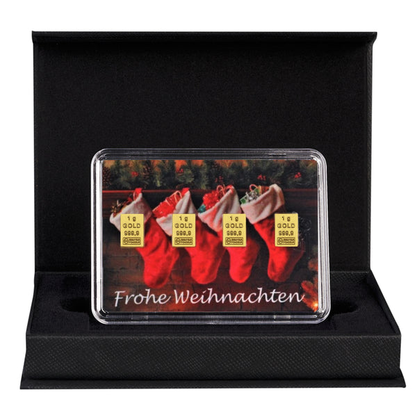 Goldbarren Motivbox "Frohe Weihnachten" Weihnachtsstiefel in schwarzer Geschenkbox