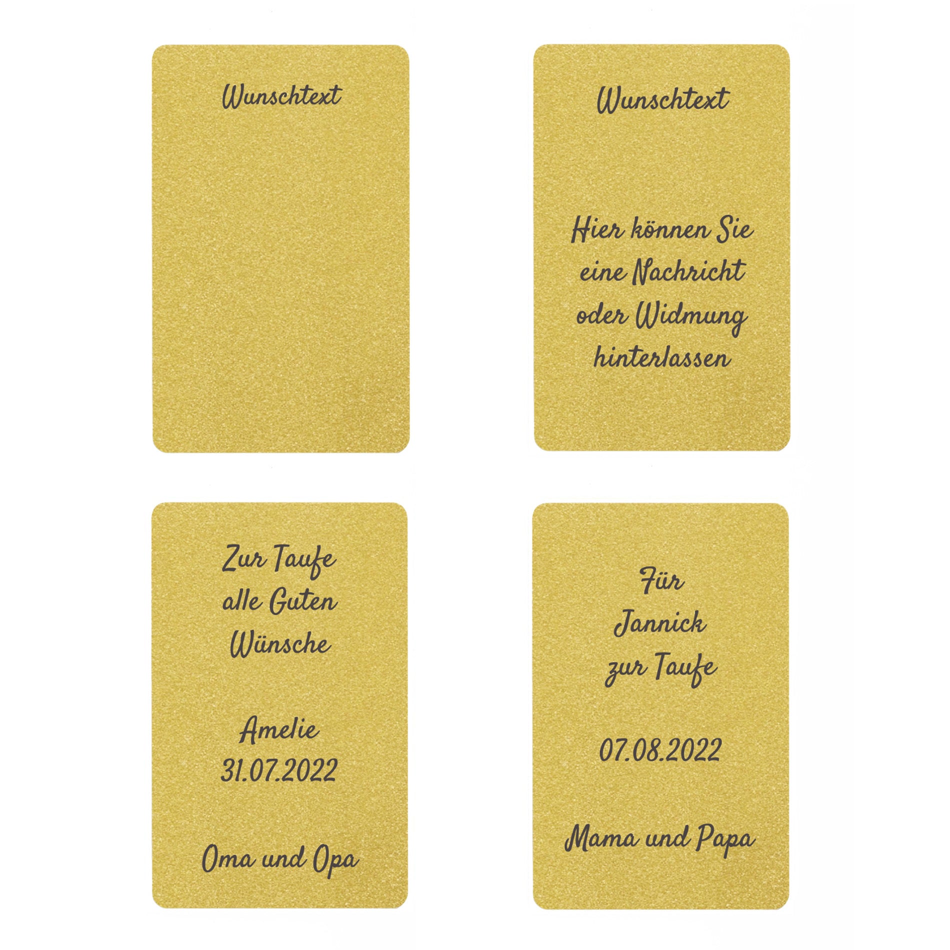 Grußkarte mit Wunschtext im goldenen Geschenkumschlag
