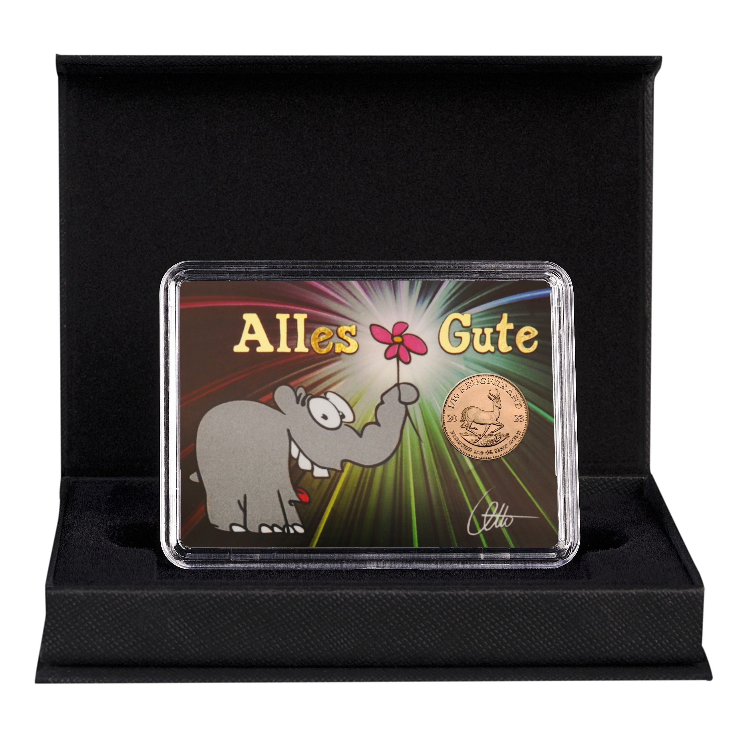 Goldmünze 1/10 Unze Krügerrand "Ottifant - Alles Gute" in schwarzer Geschenkbox