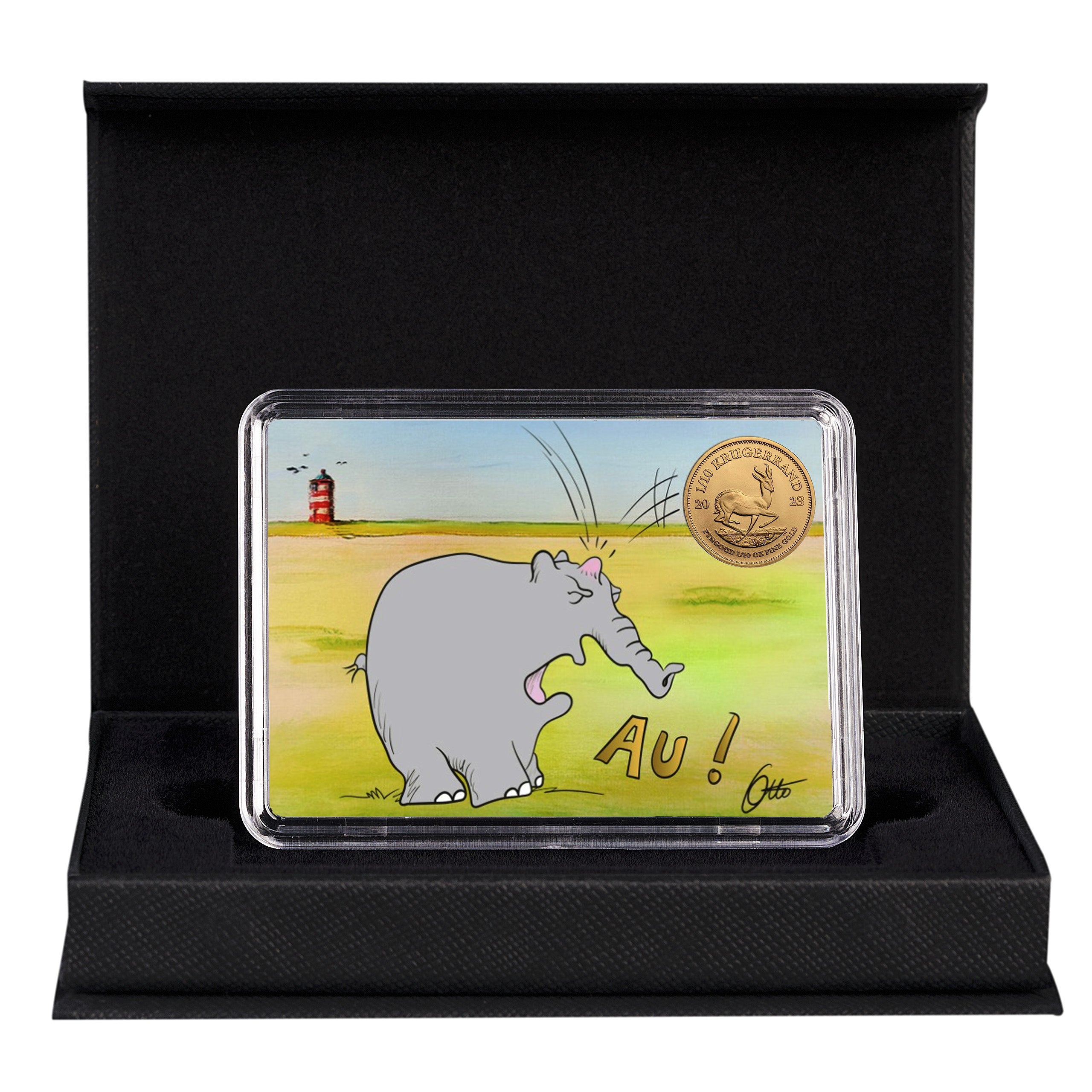 Goldmünze 1/10 Unze Krügerrand "Ottifant - Au!" in schwarzer Geschenkbox