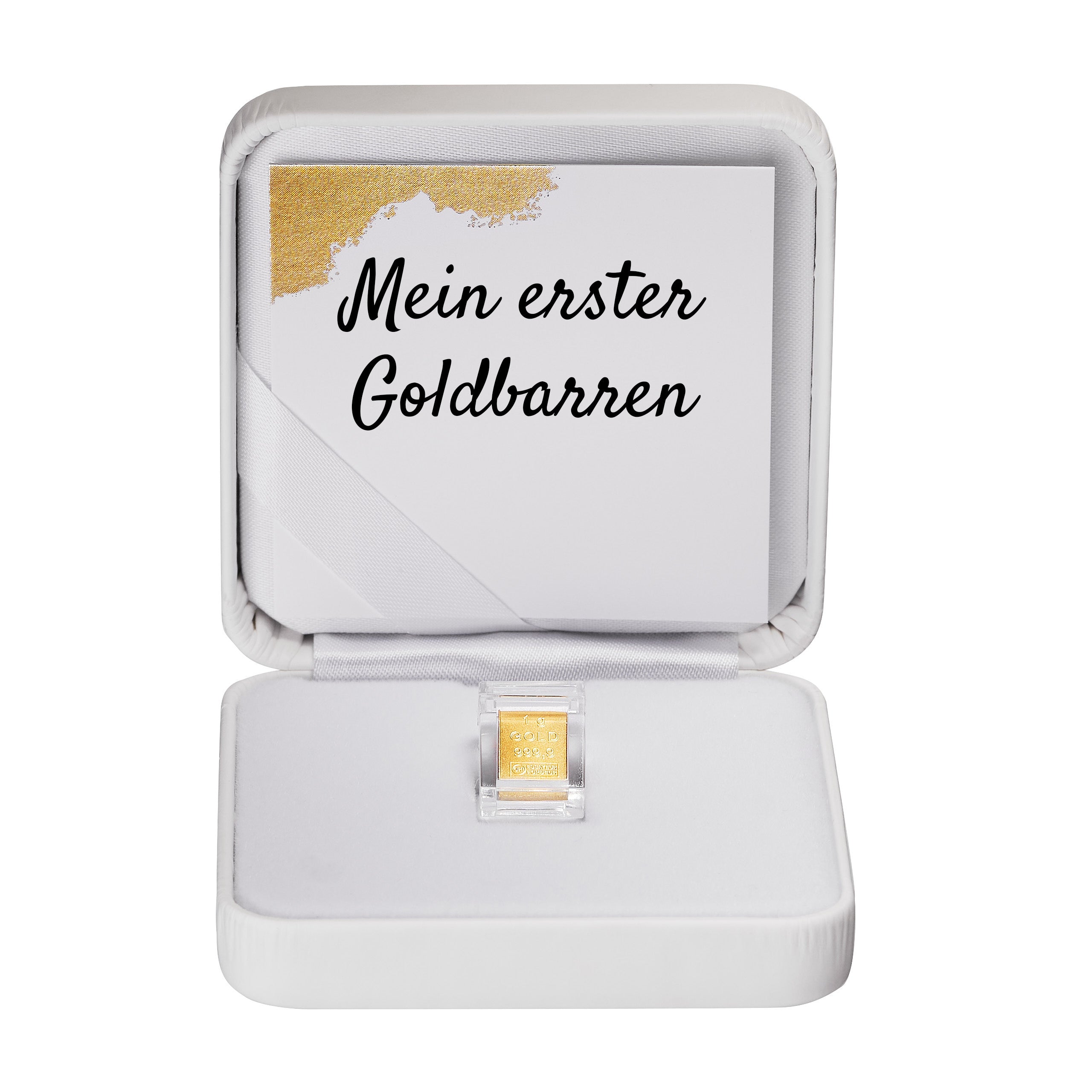 Goldbarren 1g in hochwertiger Kapsel inkl. Etui und Grußkarte nach Wahl (weiß)