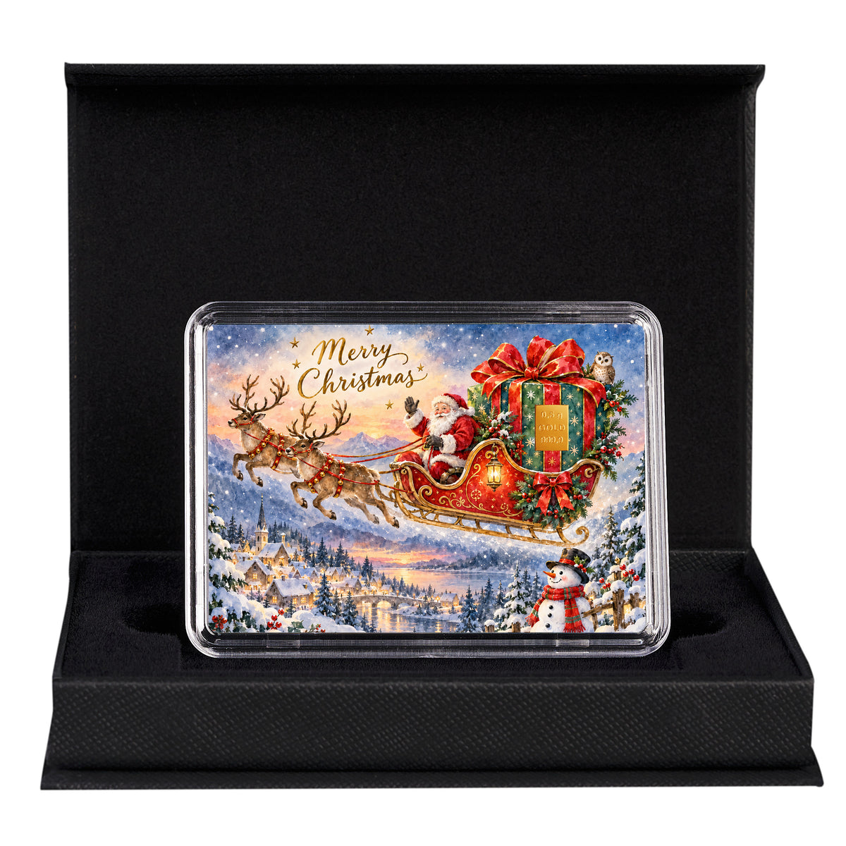 Goldgeschenk Weihnachten Merry Christmas mit 0,5 g Goldbarren in schwarzer Geschenkbox