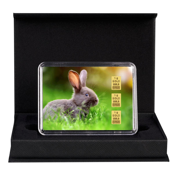 Goldbarren mit Flip-Motivbox "Frohe Ostern - Hase auf Wiese" in schwarzer Geschenkbox