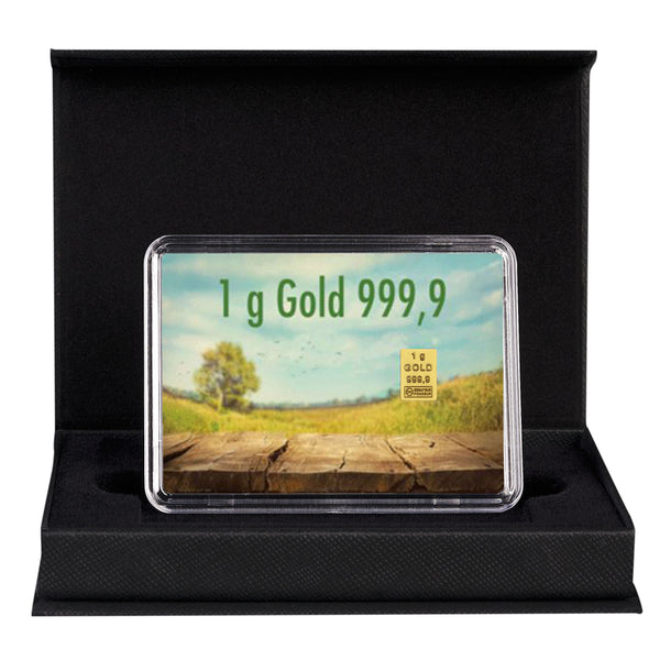 Goldbarren mit Flip-Motivbox "Frohe Ostern - 3 Hasen" in schwarzer Geschenkbox