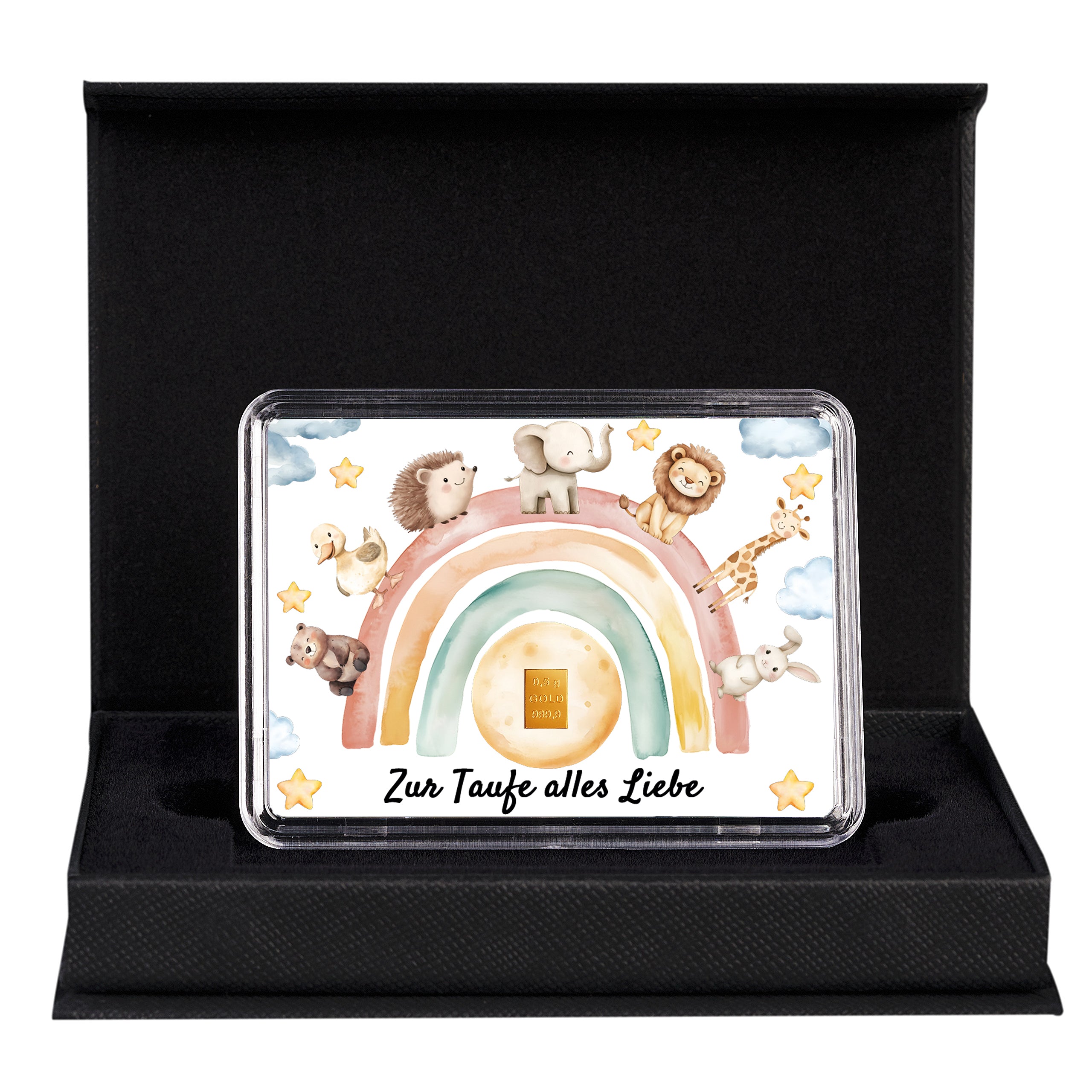 Motivbox „Zur Taufe alles Liebe“ mit 0,5 g Goldbarren in Geschenkbox mit Grußkarte