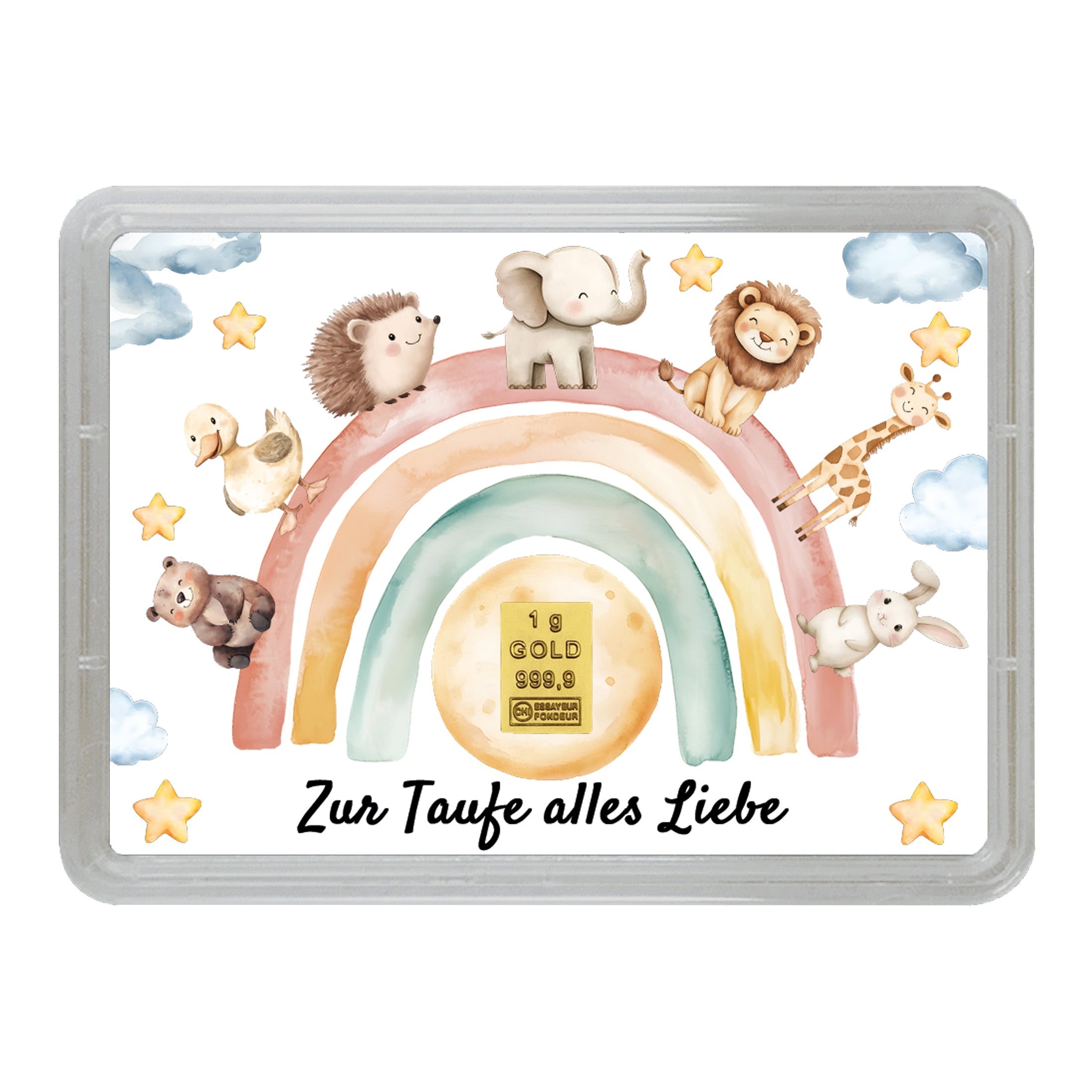 „Edles Taufgeschenk – Motivbox ‚Zur Taufe alles Liebe‘ mit 1 g Feingoldbarren im goldmetallic Geschenkbeutel“