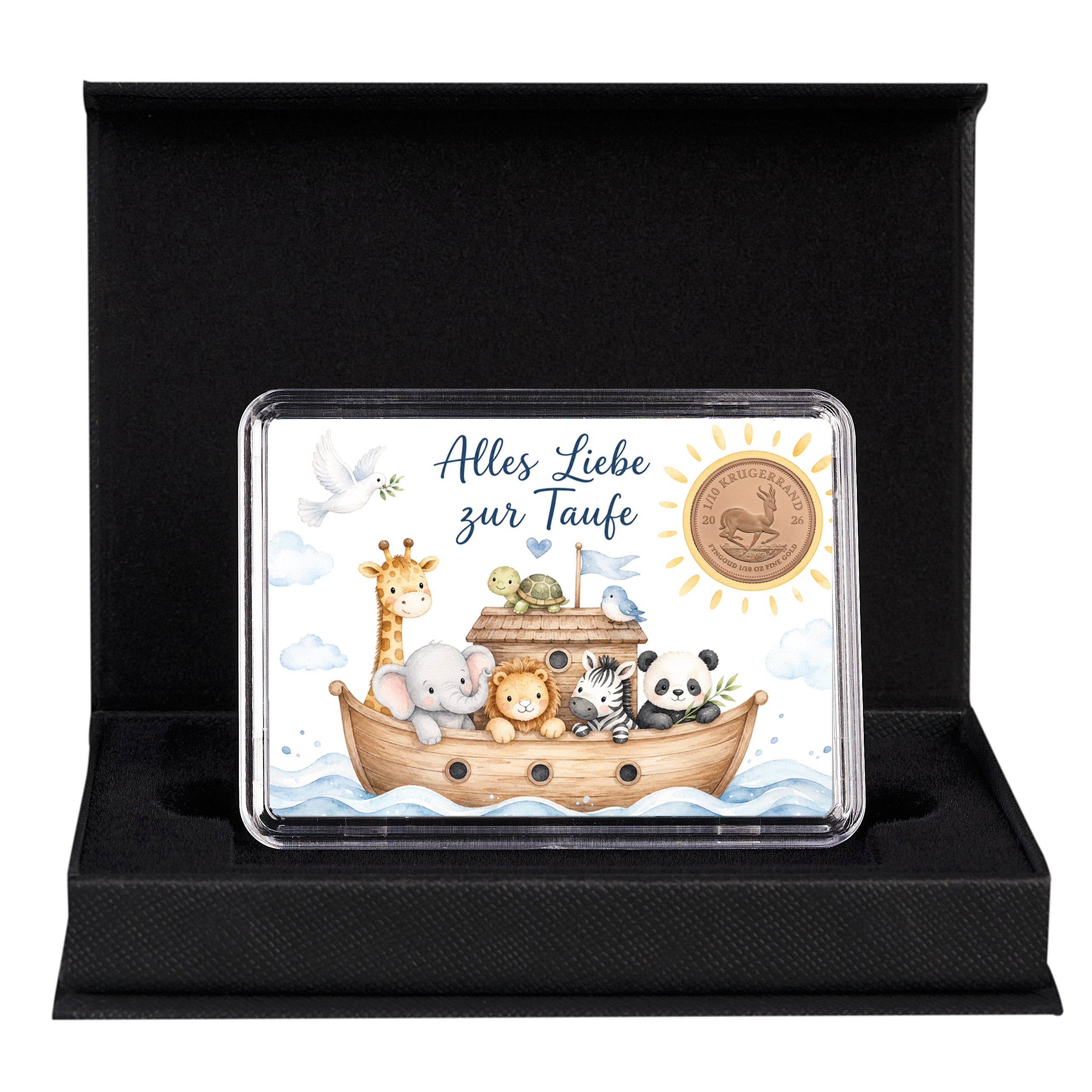 Goldgeschenk zur Taufe mit Arche-Noah-Motivbox und 1/10 oz Krügerrand Goldmünze  in hochwertiger schwarzer Geschenkbox.