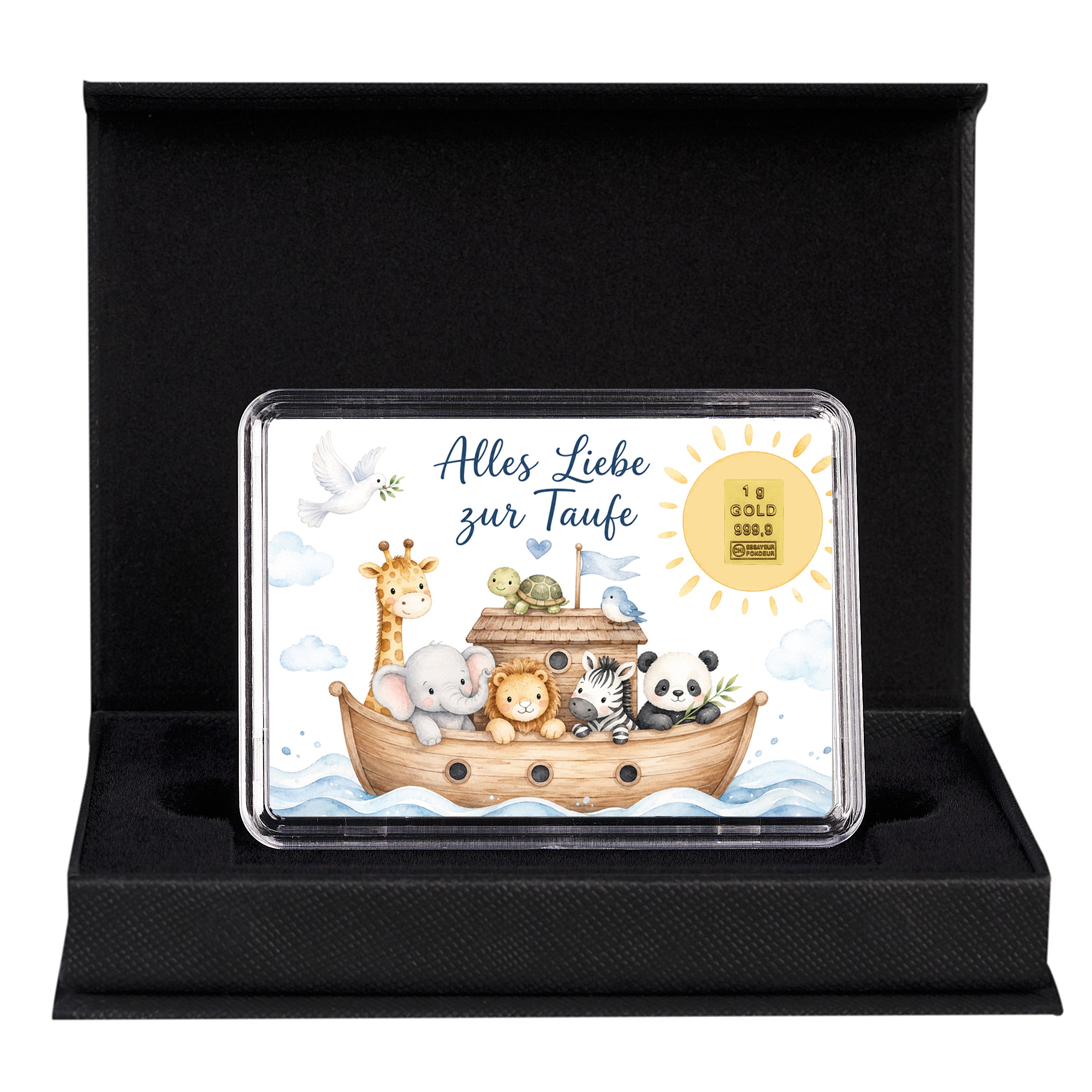 Goldgeschenk zur Taufe mit Arche-Noah-Motivbox und 1 g Goldbarren in hochwertiger schwarzer Geschenkbox.