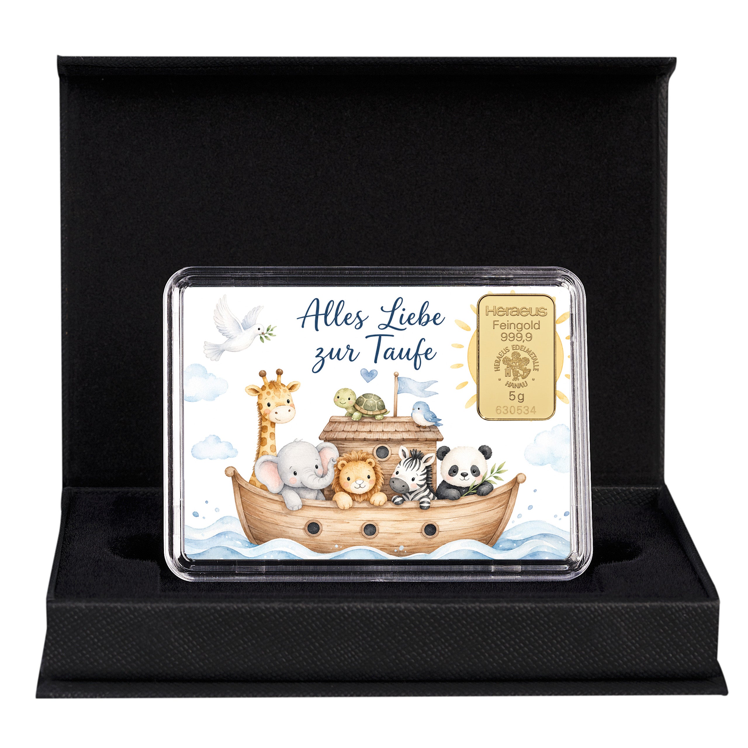 Geschenk zur Taufe mit 5 Gramm Goldbarren Arche Noah
