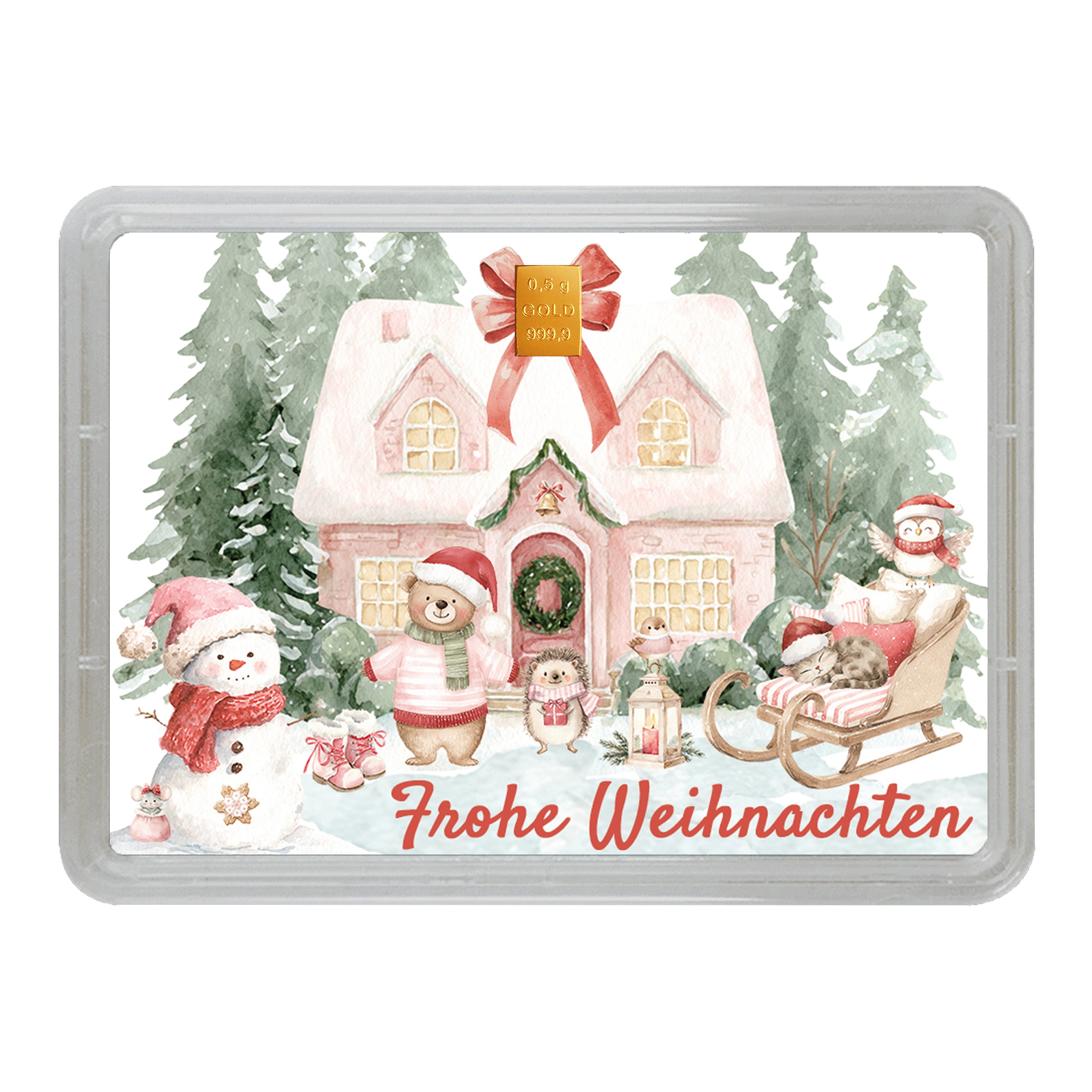Goldgeschenk Weihnachten – Motivbox ‚Frohe Weihnachten‘ mit 0,5 g Goldbarren im goldenen Geschenkbeutel
