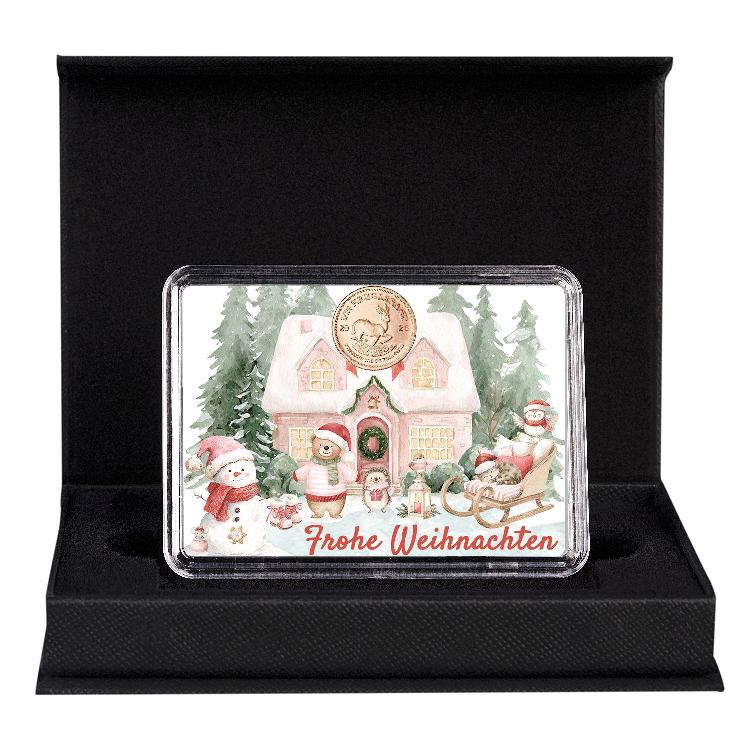 Goldgeschenk Weihnachten – Motivbox mit 1/10 Unze Krügerrand in Geschenkbox mit Wunschtext-Karte
