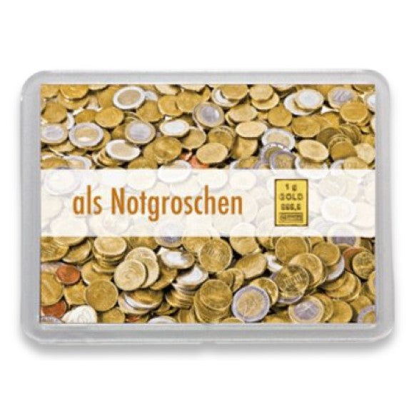 Goldbarren 1g mit Flip-Motivbox "Gold als Notgroschen"