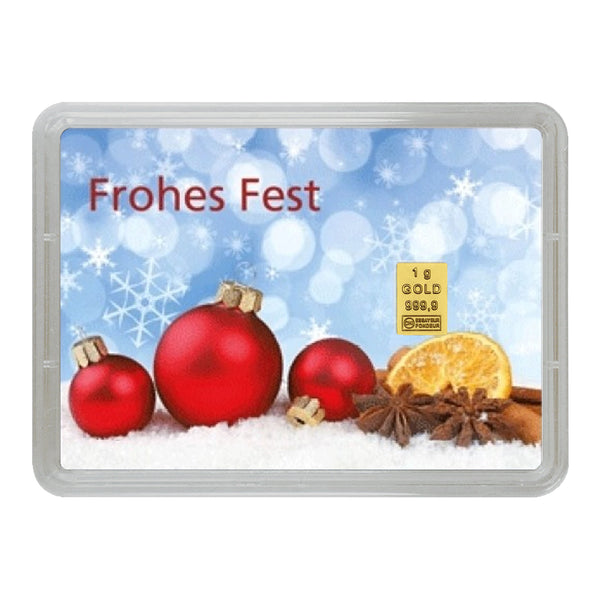 Goldbarren mit Flip-Motivbox "Frohes Fest" Weihnachtskugeln