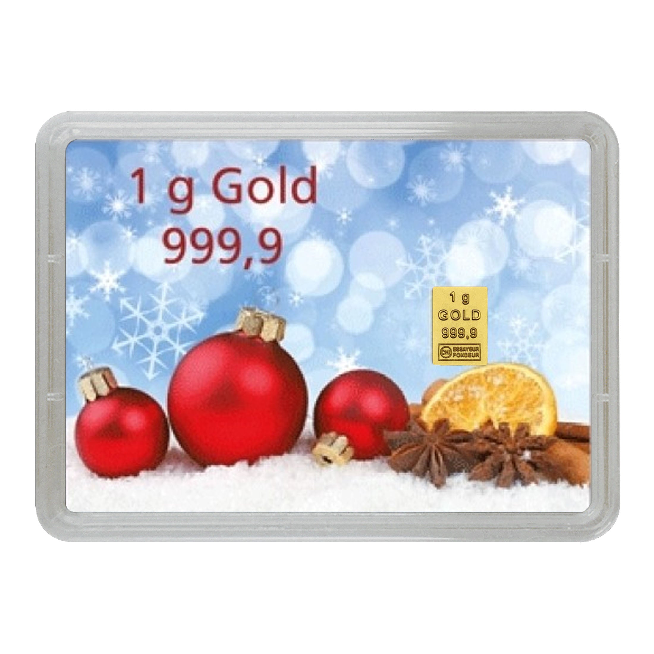 Goldbarren mit Flip-Motivbox "Frohes Fest" Weihnachtskugeln