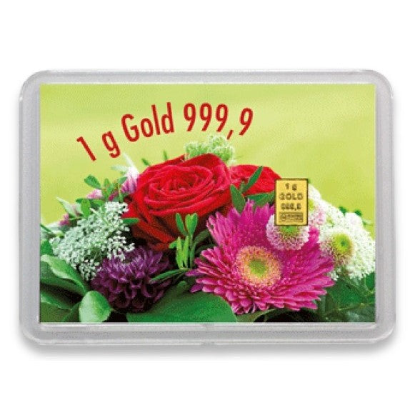 Goldbarren mit Flip-Motivbox "Gold statt Blumen"