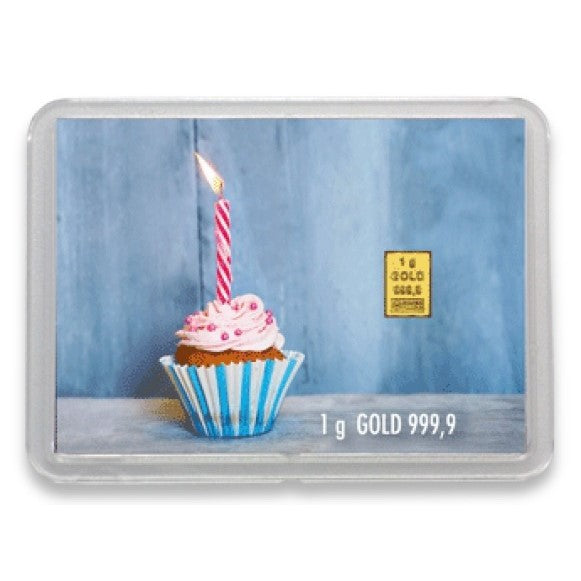 Goldbarren 1g mit Flip-Motivbox "Happy Birthday - Muffin"