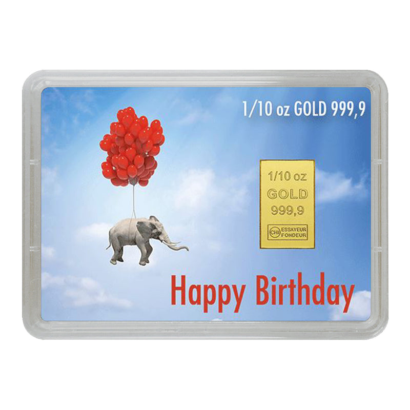 Goldbarren mit Flip-Motivbox "Happy Birthday" Elefant