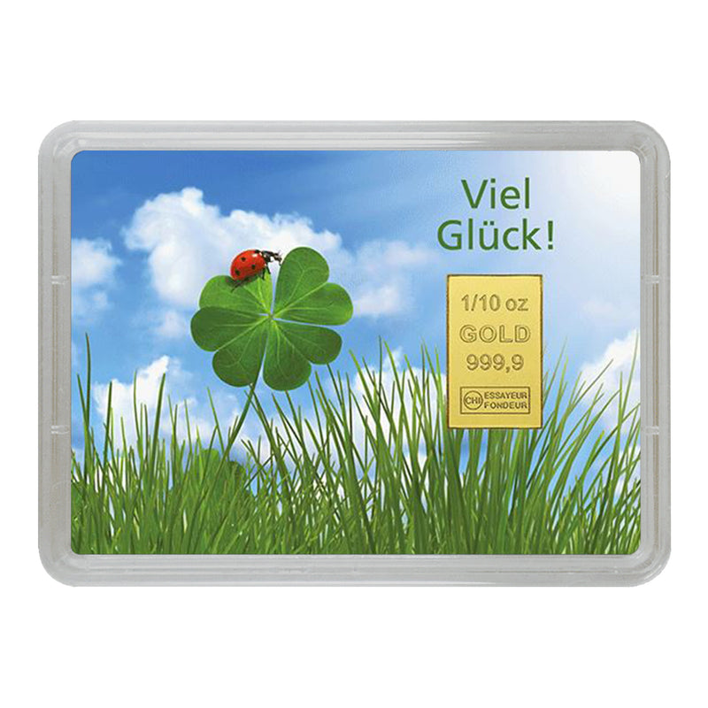 Goldbarren mit Flip-Motivbox "Viel Glück" - Kleeblatt mit Marienkäfer