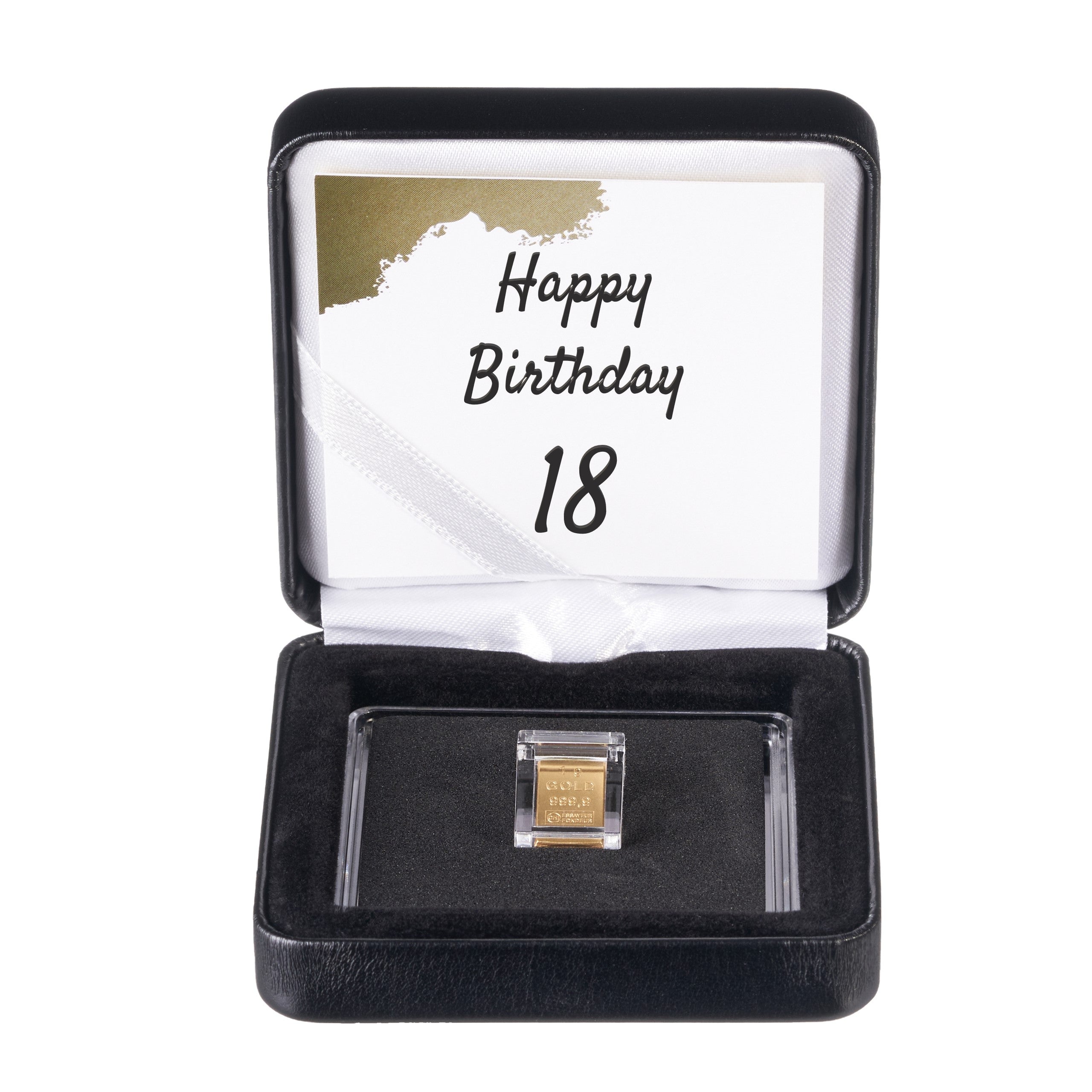 Goldbarren 1g im Etui inkl. Grußkarte "Happy Birthday" nach Wahl (schwarz)